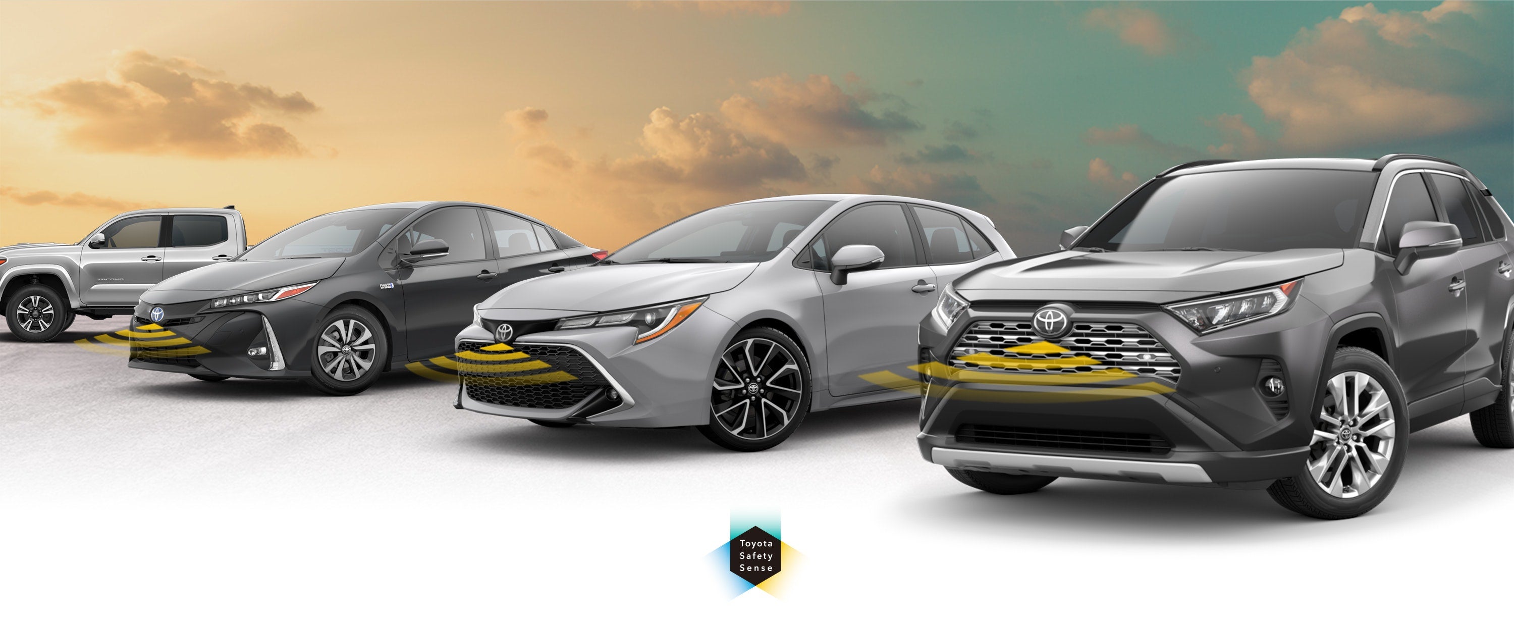 Toyota Safety Sense: Designed for Safety. Options shown on Toyota models including RAV4, Tacoma, and Camry, available now at Phil Meador Toyota in Pocatello ID.