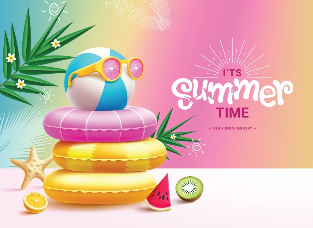 A colorful flier with fruit, beach balls, swimming tubes, and starfish that says "Summer Time" - Phil Meador Toyota Pocatello, ID